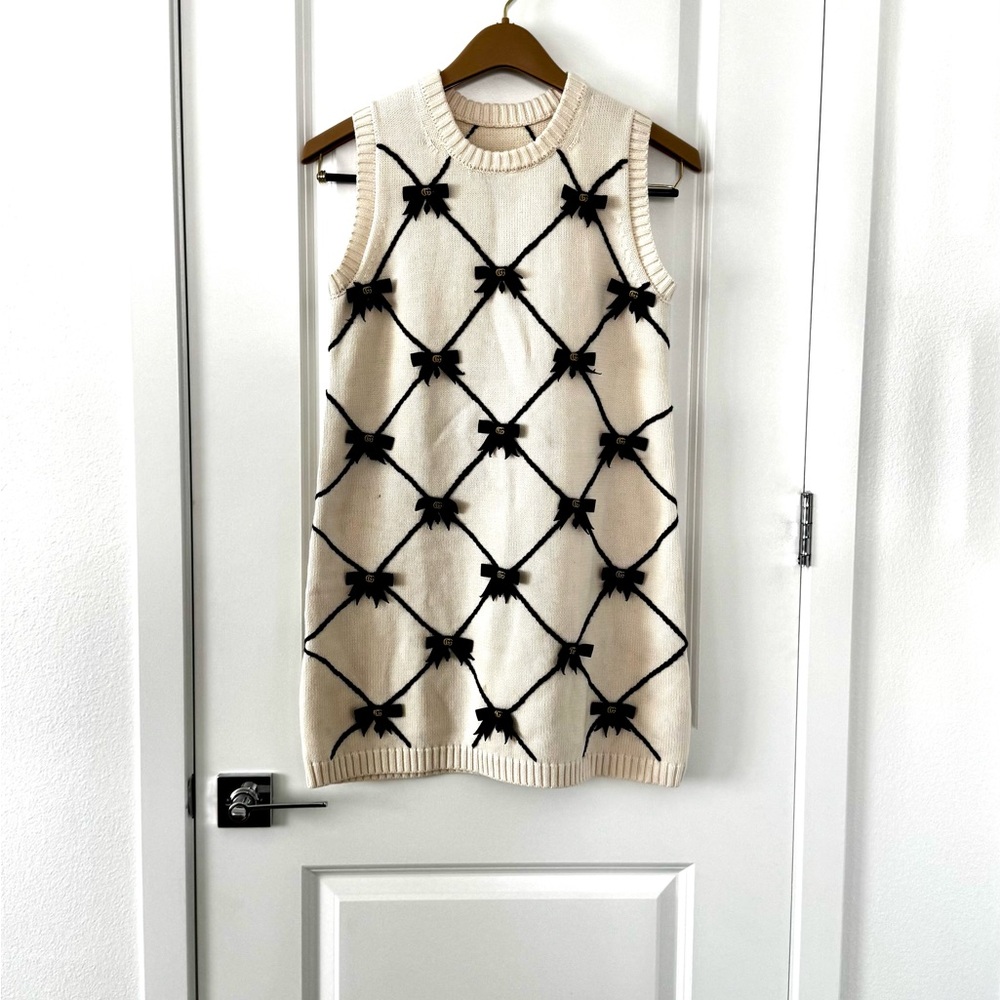 Gucci Sleeveless Cream Bows Cotton Dress